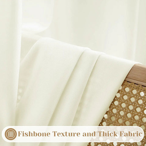 Close-up of cream ivory fabric showing fishbone texture for Privacy Sheer Curtains Set 52 By 96 Inches Two Panels Cream Ivory Lightweight Window Drapes For Bedroom And Living Room Semi Light Filtering Soft And Elegant.