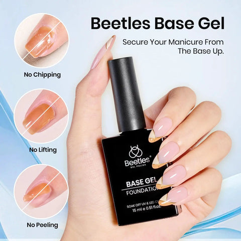 Hand holding base gel bottle from 4-Piece Gel Nail Kit With Base Coat, Top Coat, Dehydrator And Primer For Acrylic And Gel Polishes