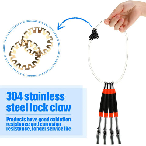 Hand holding set of 304 stainless steel lock claws with red and black handles showcasing durability and corrosion resistance.