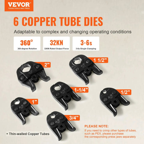 6 copper tube dies for Tough As Nails 18V Cordless Electric Pipe Crimping Tool, showing sizes from 1/2" to 2".