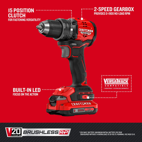 Compact Brushless Drill Driver With LED Light, 6.2 In Head For Tight Spaces, Variable Speed Trigger, 20V Power, Includes Battery And Charger in front view showing LED and drill head.