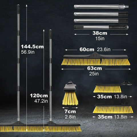 Heavy Duty 24.8 Inch Wide Push Broom With Dual Density Bristles Designed To Crush Gravel And Leaves On Driveways dimensions and parts.