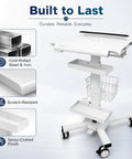 Legit Anti Theft Medical Laptop Cart With Smooth Height Adjustments And Built In Scanner Bracket Using Rock Solid Locking Casters Plus Roomy Storage Trays For Clinic Or Hospital Crews Who Need A Dependable Mobile Station with a steel frame and storage compartments.