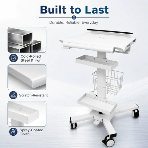 Legit Anti Theft Medical Laptop Cart With Smooth Height Adjustments And Built In Scanner Bracket Using Rock Solid Locking Casters Plus Roomy Storage Trays For Clinic Or Hospital Crews Who Need A Dependable Mobile Station with a steel frame and storage compartments.