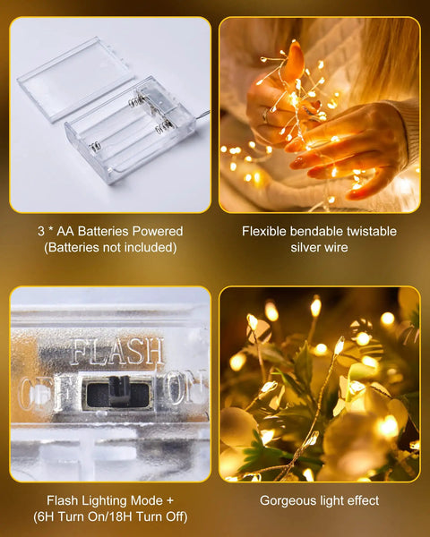 Battery Powered Fairy Lights 60 Warm White LED String On Waterproof Silver Wire Five Feet With Firecracker Lit Starry Look For Wreaths Home Decor Weddings Mason Jars Holiday Christmas Ramadan Decorations showing flexible silver wire and light effect