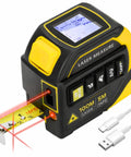 No Fuss 8-In-1 Laser Tape Measure With 328 Ft Rangefinder And 16 Ft Auto Lock Tape showing measurement display and tape extraction.