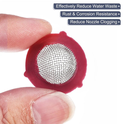 Close-up of a red Stainless Steel Hose Filter Washer with built-in screen, held by fingers, showing product features text.