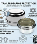 Double Pack 1.98 Inch Trailer Hub Dust Caps With Wheel Bearing Grease Covers Road Warrior Grade heavy-duty design for 4 and 5 lug axles.