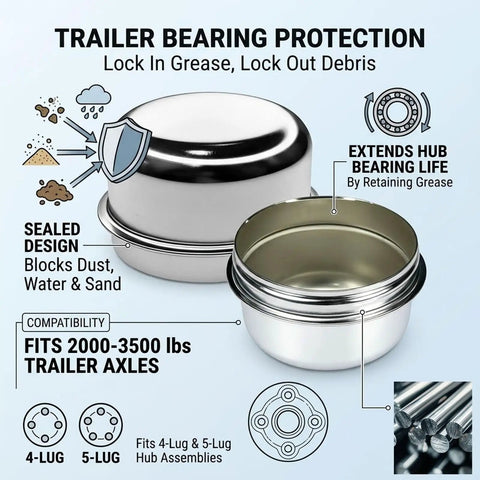 Double Pack 1.98 Inch Trailer Hub Dust Caps With Wheel Bearing Grease Covers Road Warrior Grade heavy-duty design for 4 and 5 lug axles.