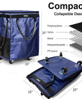 Navy Medium Reusable Grocery Bag On Wheels With 70L Foldable Rolling Tote Carries Up To 66 Lbs, Zipper Closure Shopping Cart shown folded and upright