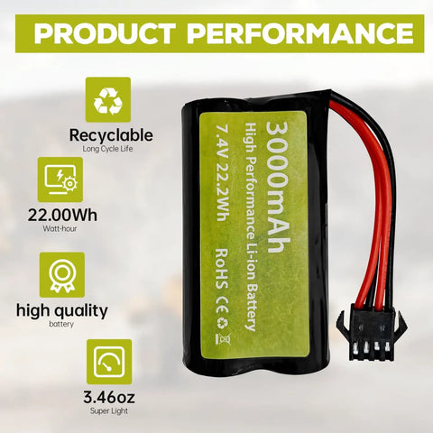 Two Pack Seven Point Four Volt 3000 mAh 15C 2S Li Ion Battery With SM 4P Plug And USB Charger For EC08 DE85 RC Cars Features