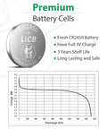 CR2450 3V Lithium Batteries 10 Pack Grade A Coin Cell Power for electronics with discharge graph.