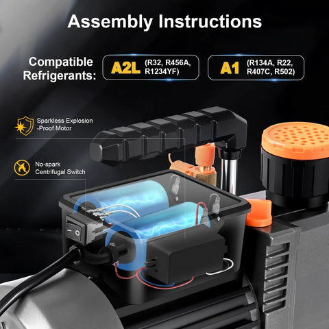 No Sweat 5 CFM Two Stage HVAC Vacuum Pump Half Hp Copper Motor showing assembly instructions and electrical components for R32 R410a R1234yf.