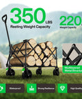 Heavy Duty Collapsible Folding Wagon With 350 Lb Haul Capacity, loaded with logs, showing metal structure and universal wheels.