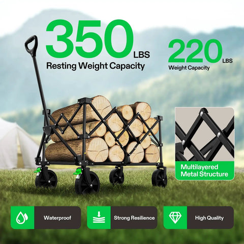Heavy Duty Collapsible Folding Wagon With 350 Lb Haul Capacity, loaded with logs, showing metal structure and universal wheels.