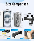 Size comparison of Heavy Duty Cast Steel Bench Vise Two Inch Jaw Clamp with phone and soda can for scale