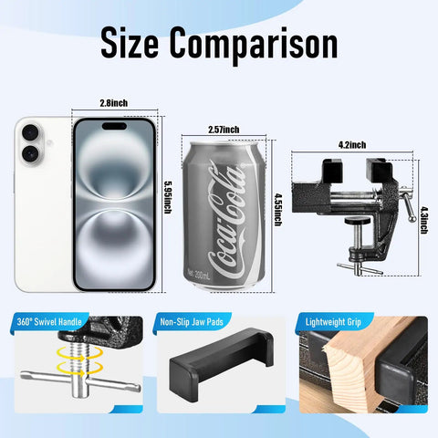 Size comparison of Heavy Duty Cast Steel Bench Vise Two Inch Jaw Clamp with phone and soda can for scale