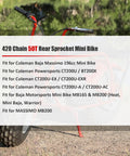 50T 40Mm Rear Drive Sprocket For 40 41 420 Chain compatibility list displayed on bike background
