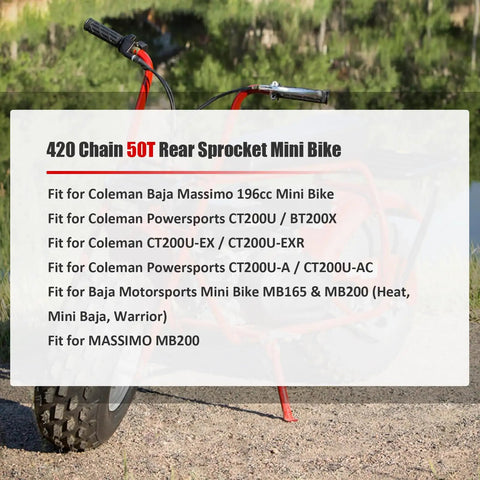50T 40Mm Rear Drive Sprocket For 40 41 420 Chain compatibility list displayed on bike background