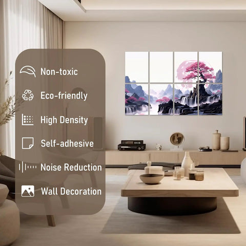 Badass Sound Absorbing Wall Panels High Density Acoustic Foam Tiles Pro Grade Noise Dampening decor displayed in modern living room.