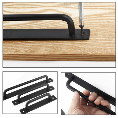 2 Pack Barn Door Pulls 5 Inch Long Base Handles with Mounting Screws, Aluminum Alloy, installation and close-up view.