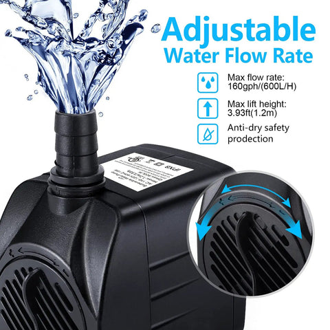 Submersible Fountain Pump 160 GPH 10W with adjustable water flow for outdoor ponds, aquariums, and fountains. Close-up view.