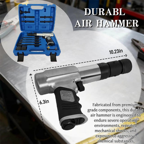 Beast Mode Heavy Duty Air Hammer Kit With 13 Attachments for auto body repair and demolition, displayed with case and tools.