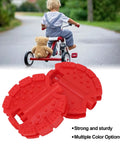 Two Pack Small Bike Pedals For Kids And Tricycles Red Plastic Front Wheel Foot Pedal Accessories Replacement For Mini Bicycles Measuring 6.8 By 6.5 Cm shown with a child riding a tricycle.