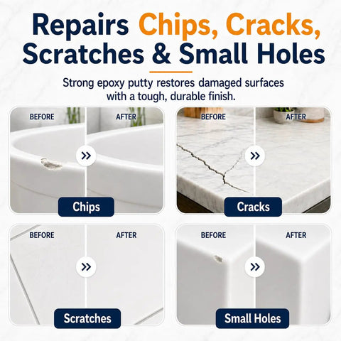 Image showing before and after results of Fiberglass And Porcelain Repair Kit With Epoxy Putty 5.6 Oz Total Two Tubes Plus Six Color Pigments For A Do It Yourself Color Match On Bathtub Countertop Marble Granite And Acrylic Surfaces Fix Chips Cracks Scratches Fast.