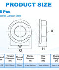 Diagram of 15 Pcs Serrated Flange Hex Nut Set M10 1.5 Coarse Thread Carbon Steel Black Oxide showing dimensions and specifications.