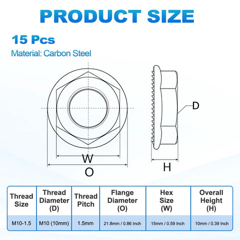 Diagram of 15 Pcs Serrated Flange Hex Nut Set M10 1.5 Coarse Thread Carbon Steel Black Oxide showing dimensions and specifications.