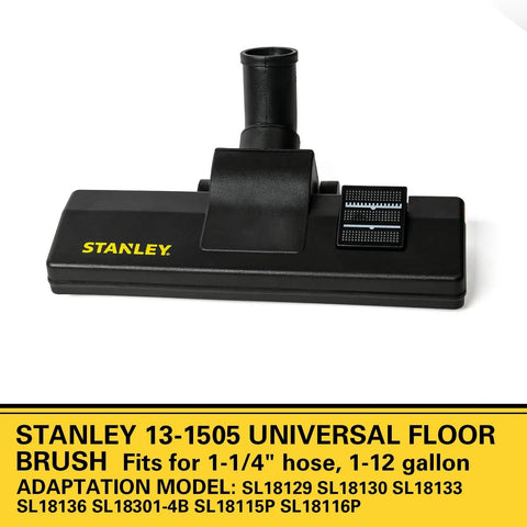 Universal Floor Brush For Wet And Dry Vacuums With A 1-1/4 Inch Hose, heavy duty, black design, angled view, Stanley logo visible