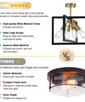 Comparison of farmhouse industrial ceiling light fixture with black gold metal frame and rotatable design against wood and glass fixture