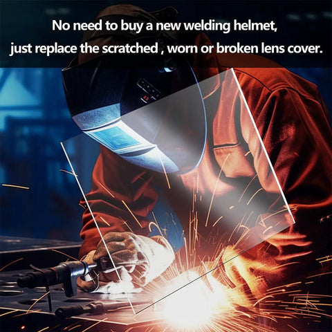 Slick Welding Helmet Cover Lens Replacement Kit Packs Twenty Heavy Duty Polycarbonate Filter Pads for inside and outside use shown with sparks.