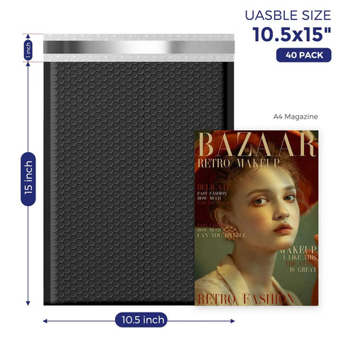 Black bubble mailer 10.5x15 inch next to A4 magazine, highlighting size and usage. 10 Point 5X16 Inch Bubble Mailers 40 Pack Self Seal Padded Envelopes Waterproof Cushioning Mailers Packaging Small Biz Ecommerce Shoppers Black Heavy Duty Protection.