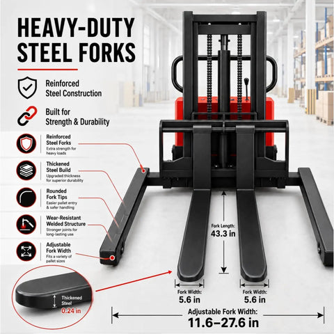 Rock Solid 6000 Lbs Heavy Duty Semi Electric Pallet Stacker With Adjustable Steel Forks, showing reinforced steel forks and dimensions.