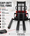 Super Heavy Duty 5000 Lbs Semi Electric Pallet Stacker With 118 Inch High Lift And 72 Volt Battery, featuring heavy-duty steel forks.
