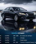Dark sedan compatible with Hyundai Elantra 2007-2012 models parked on wet pavement. Vehicle fitment details shown at bottom.