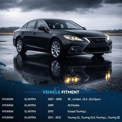 Dark sedan compatible with Hyundai Elantra 2007-2012 models parked on wet pavement. Vehicle fitment details shown at bottom.