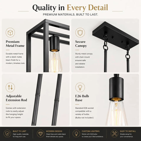 Details of Black Industrial Kitchen Island Light With 3 Light Linear Cage Chandelier showing frame, canopy, rod, and bulb base