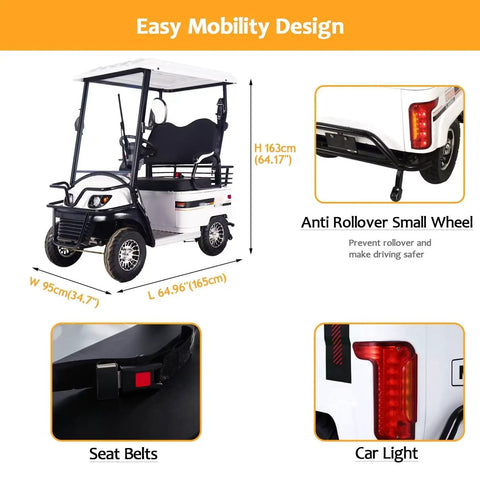 Kick Around With This Hella Smooth Electric Golf Cart Featuring Roomy Storage Box And 800W Motor Power dimensions with seat belts and car light.