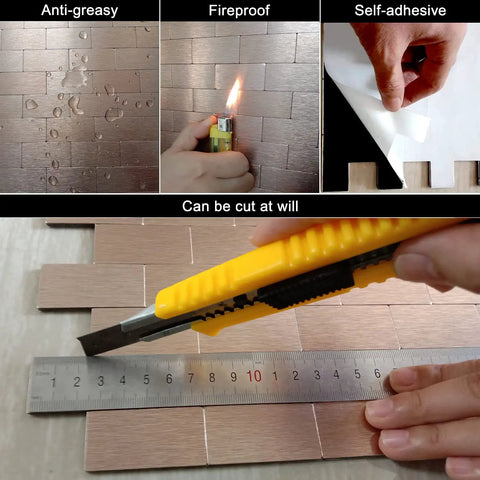 10-Sheet Peel And Stick Metal Backsplash Tiles In Brushed Aluminum Self Adhesive Subway 3D Wall Sticker demo with cutter and flame test