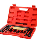 Red case open showing 12 Piece Valve Spring Compressor Set With Pusher Adapters, Extension Rods, And C Clamp Lever