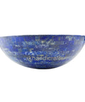 Blue Stone Vessel Sink With Lapis Lazuli Overlay Handmade 24 Inch Wash Basin For Bathroom Vanity Smooth Nonporous Finish, side view.