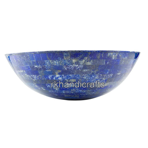 Blue Stone Vessel Sink With Lapis Lazuli Overlay Handmade 24 Inch Wash Basin For Bathroom Vanity Smooth Nonporous Finish, side view.
