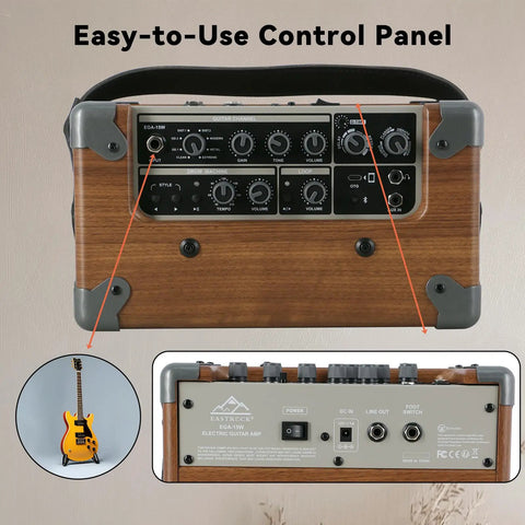 Portable 15W Guitar Amp With Bluetooth Built In Looper And Drum Machine 8 Voices FX Effects Aux OTG And Headphone Output control panel