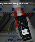 True RMS Digital Clamp Meter For DIY And Pros, 6000 Counts in electrical panel with backlit display for dark areas