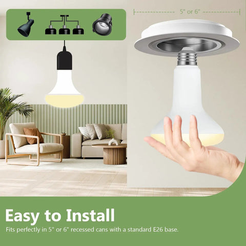 BR30 LED Flood Bulbs Fit Perfectly Inside Recessed Cans, 7.5 Watt Replaces 65 Watt, displayed in hand for easy installation.