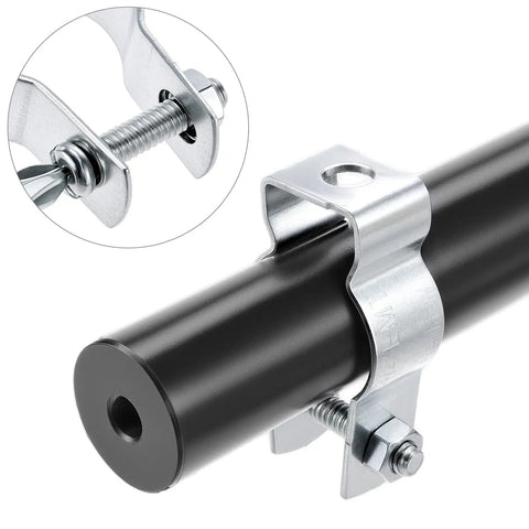 Rock Solid 3/4 Inch EMT Conduit Hangers 20 Pack With Bolts showing zinc plated clamp securing black EMT pipe.