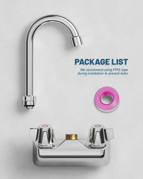 Commercial Wall Mount Kitchen Faucet With Two Handles 4 Inch Center Set Swivel Gooseneck Spout Chrome Finish Utility Laundry